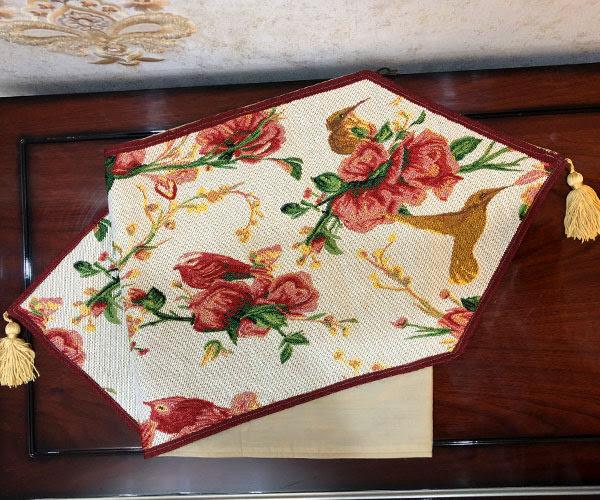 Red Roses and Finches Ivory Woven Tapestry Table Runner – view 8