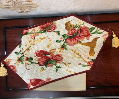 Red Roses and Finches Ivory Woven Tapestry Table Runner – view 8