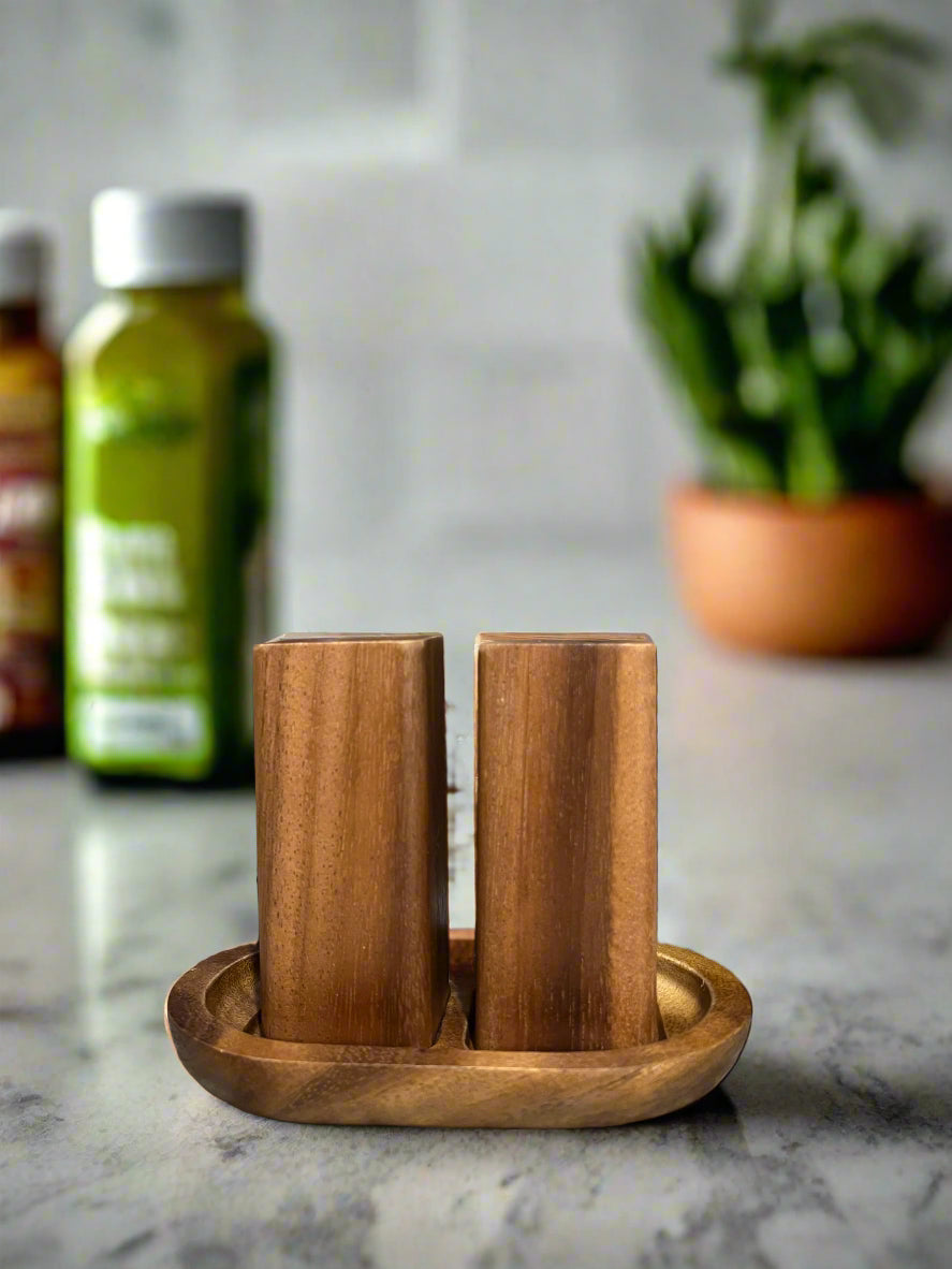 Acacia Wood Salt and Pepper Shakers with Matching Wood Base – view 2