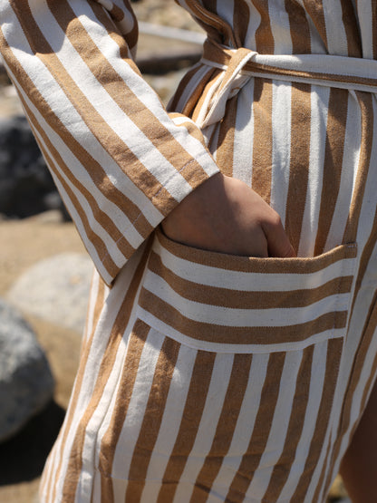 Biscotto Girit Caramel Stripe 100% Linen Turkish Peshtemal Robe – view 2