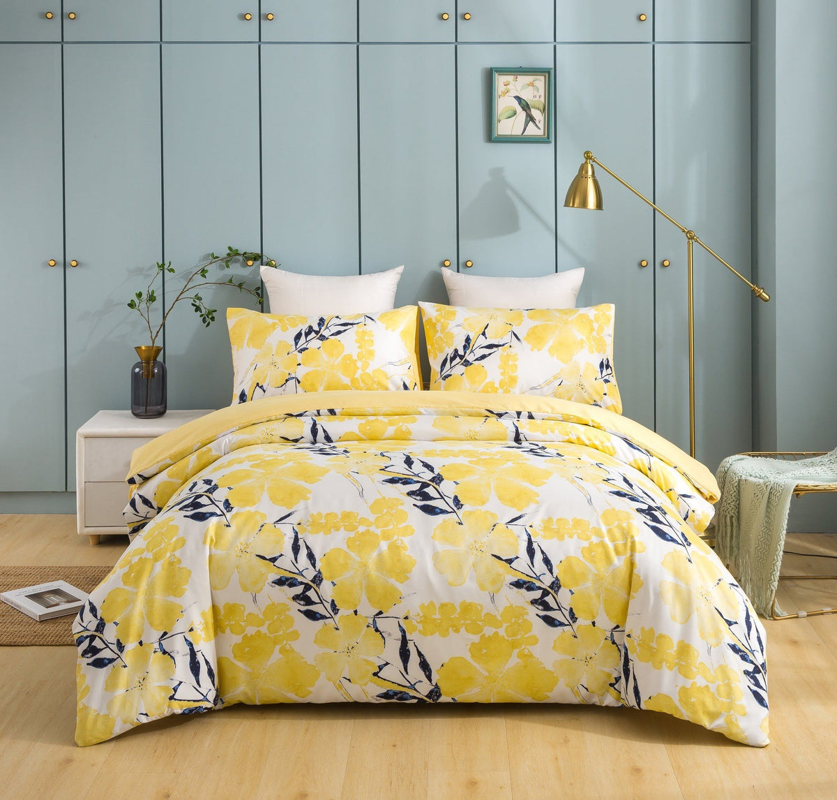 Microfiber Watercolor Tropical Floral Duvet Cover in Yellow and Blue
