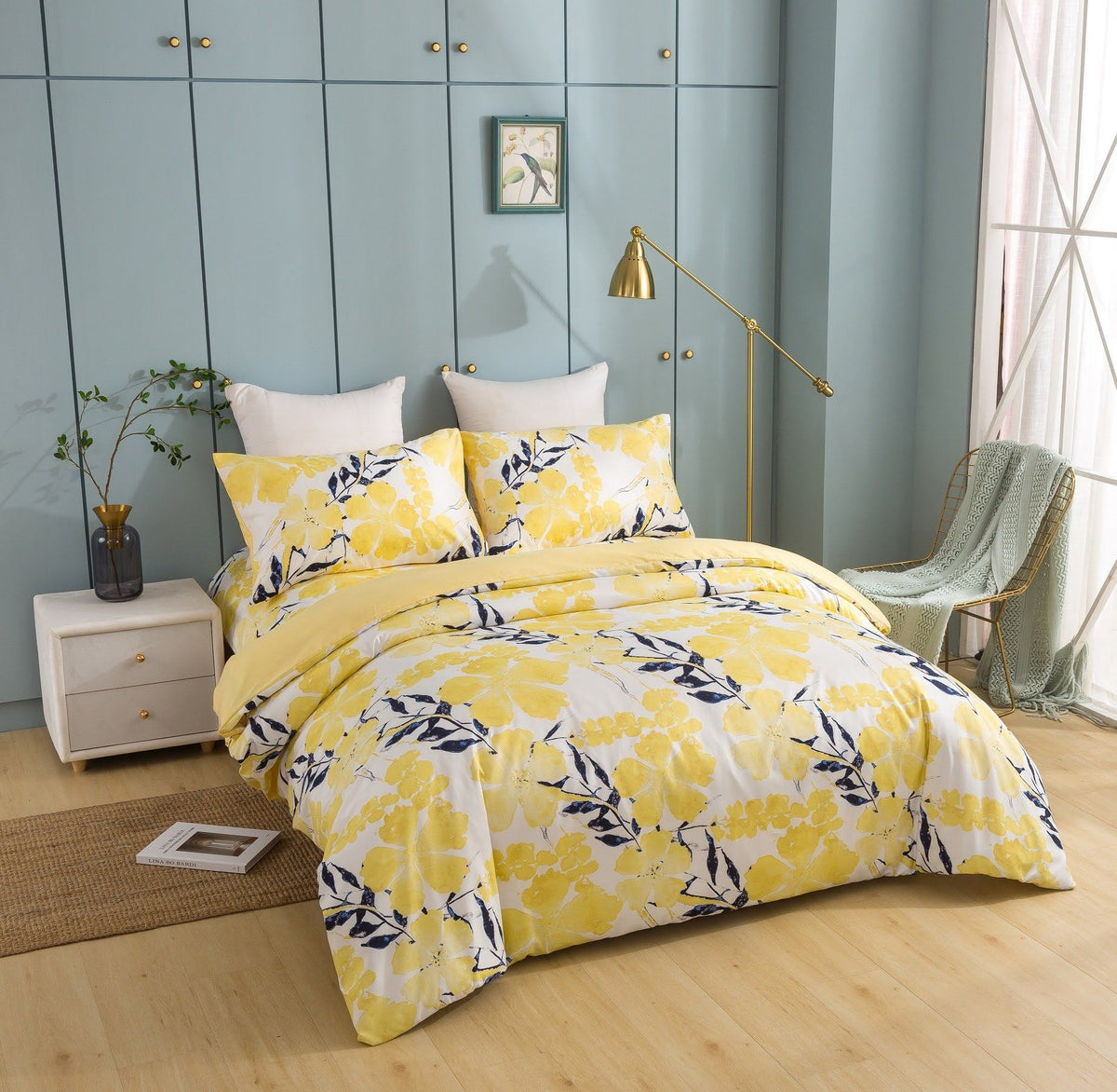 Watercolor Tropical Floral Reversible Duvet Cover in Yellow and Blue – view 2