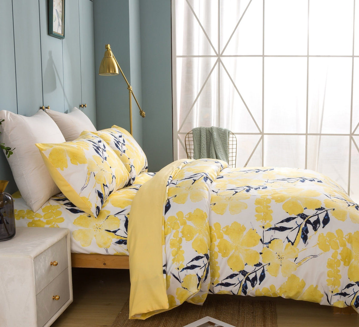 Watercolor Tropical Floral Reversible Duvet Cover in Yellow and Blue – view 3