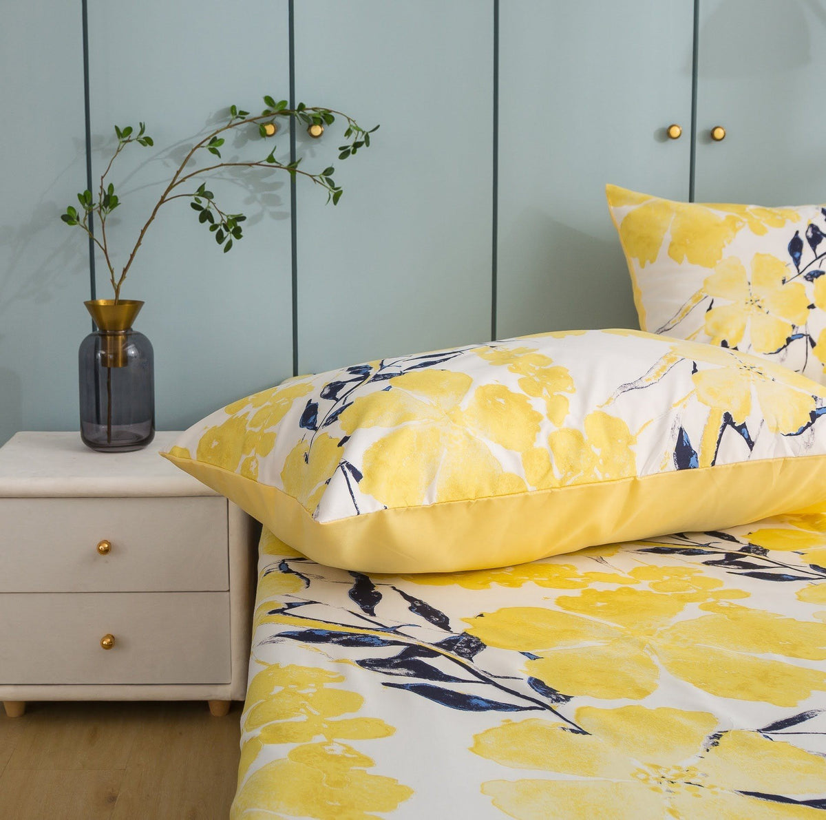 Watercolor Tropical Floral Yellow and Blue Microfiber Fitted or Flat Sheet – view 8