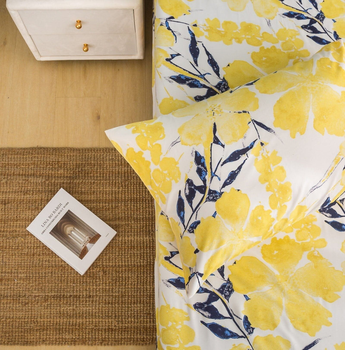 Watercolor Tropical Floral Yellow and Blue Microfiber Fitted or Flat Sheet – view 7