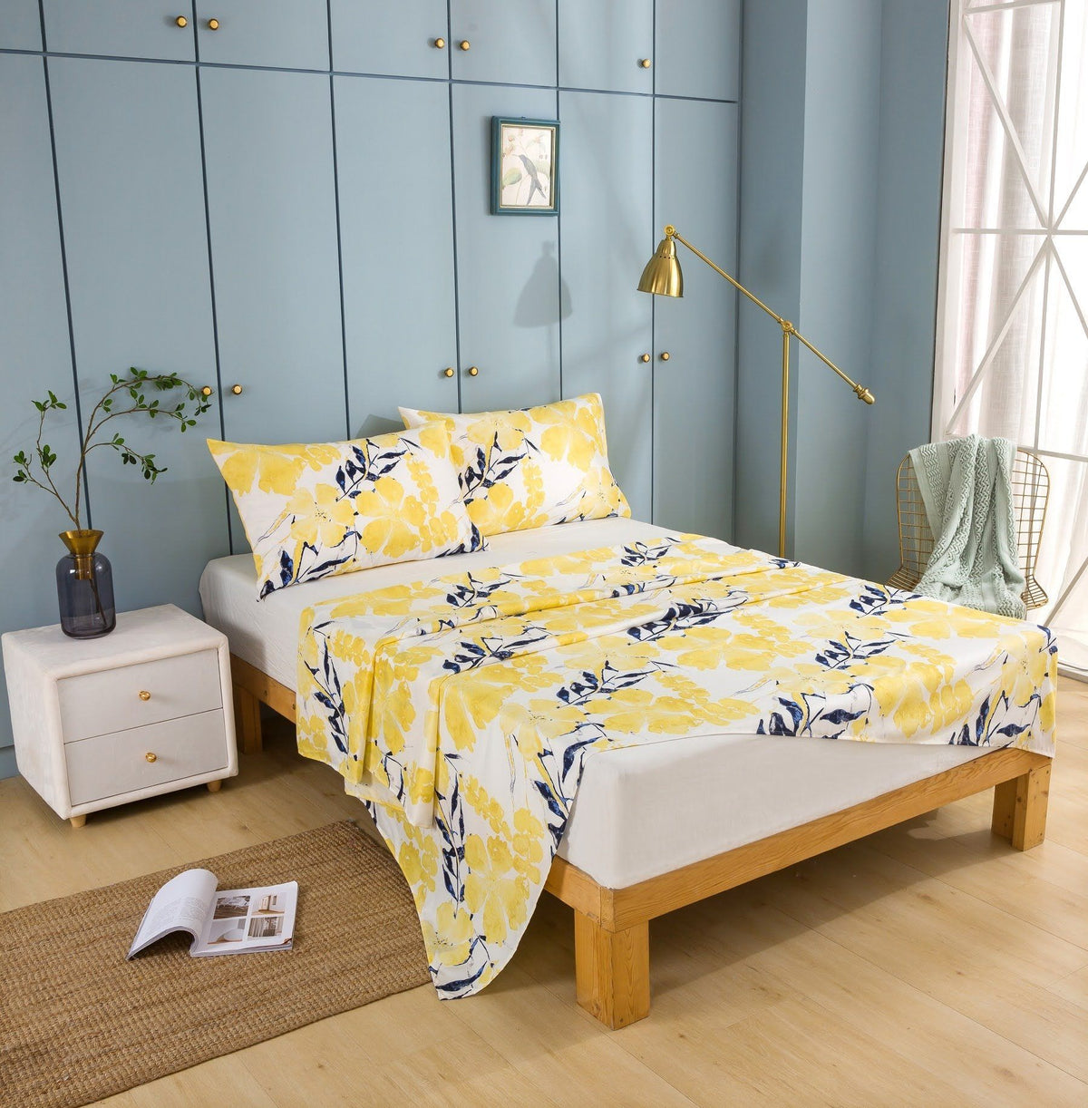 Watercolor Tropical Floral Yellow and Blue Microfiber Fitted or Flat Sheet – view 3