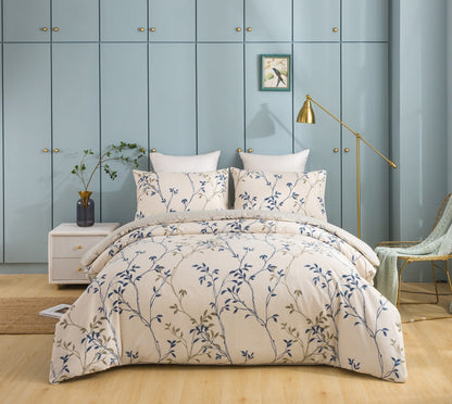 Poplin Cotton Leaf Vine Duvet Cover in Cream Beige