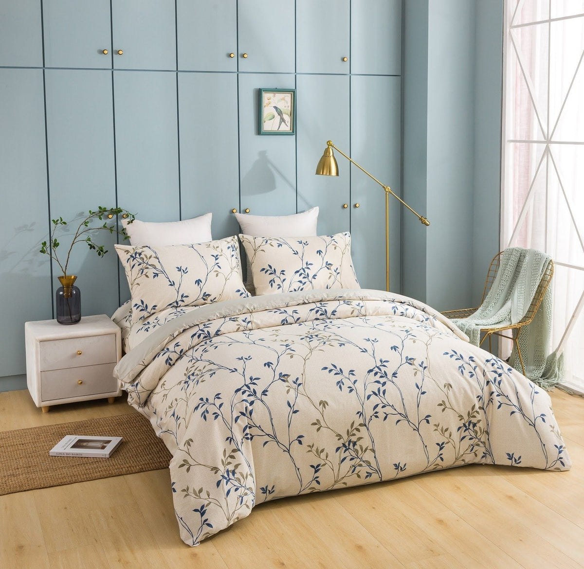Elegant Leaf Vine Poplin Cotton Reversible Duvet Cover in Cream Beige – view 2