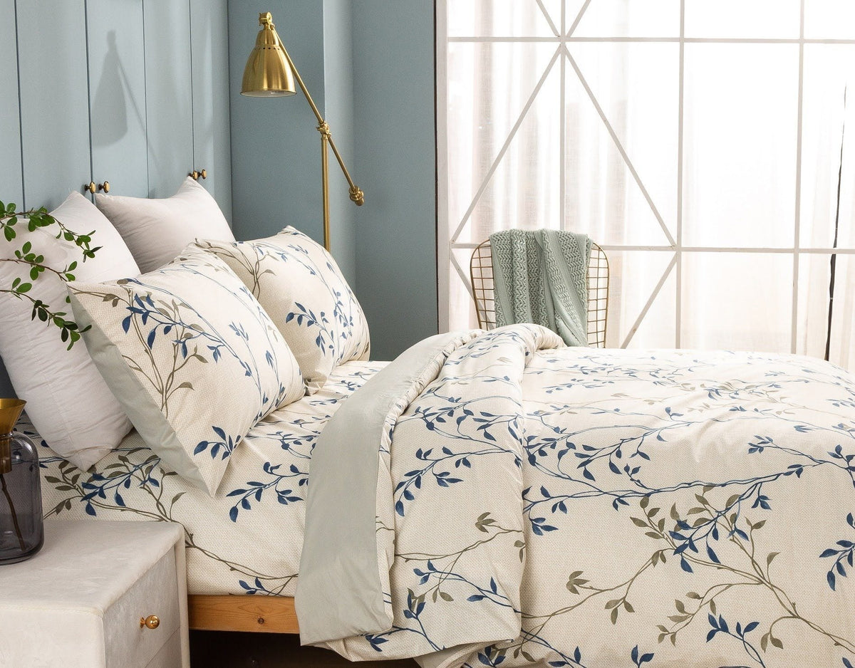 Elegant Leaf Vine Poplin Cotton Reversible Duvet Cover in Cream Beige – view 3