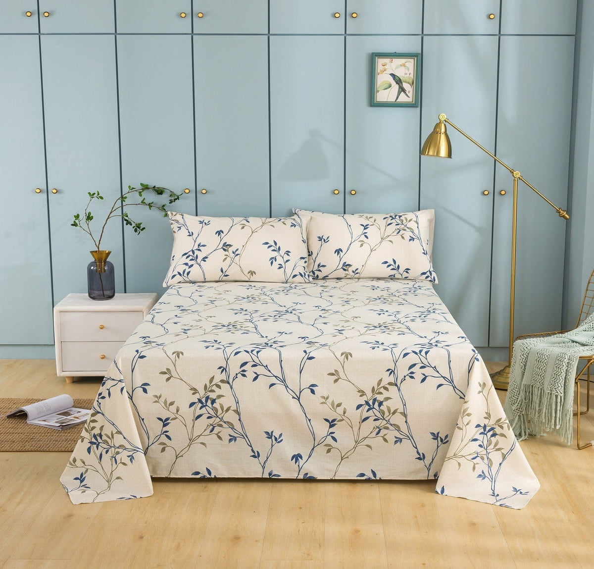 Poplin Cotton Leaf Vine Bed Sheet in Cream Beige