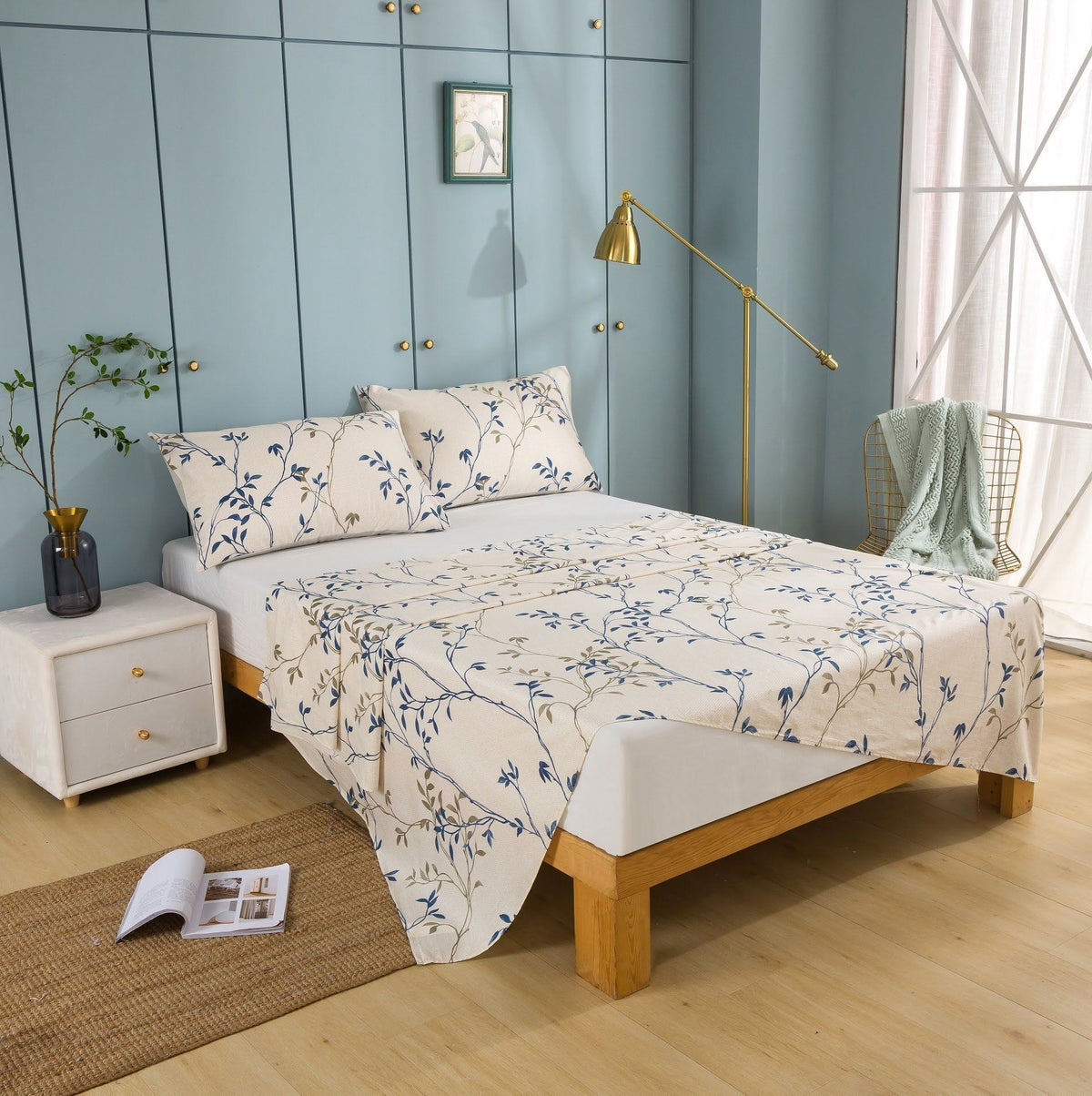 Elegant Leaf Vine Cream Beige Poplin Cotton Fitted or Flat Sheet – view 3