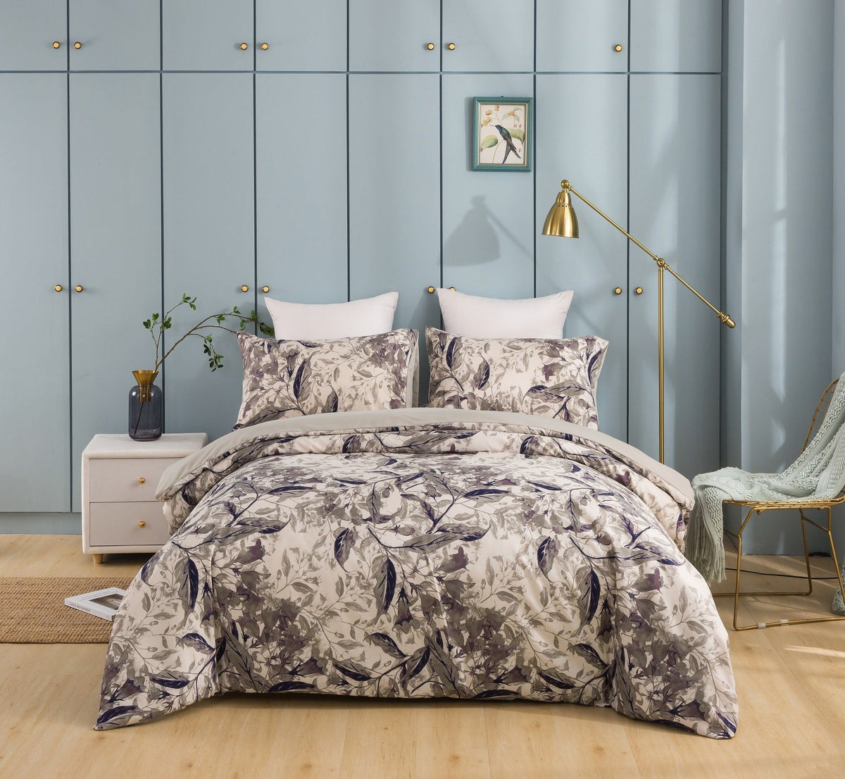 Abstract Wispy Leaf Reversible Microfiber Duvet Cover in Taupe and Grey – view 7