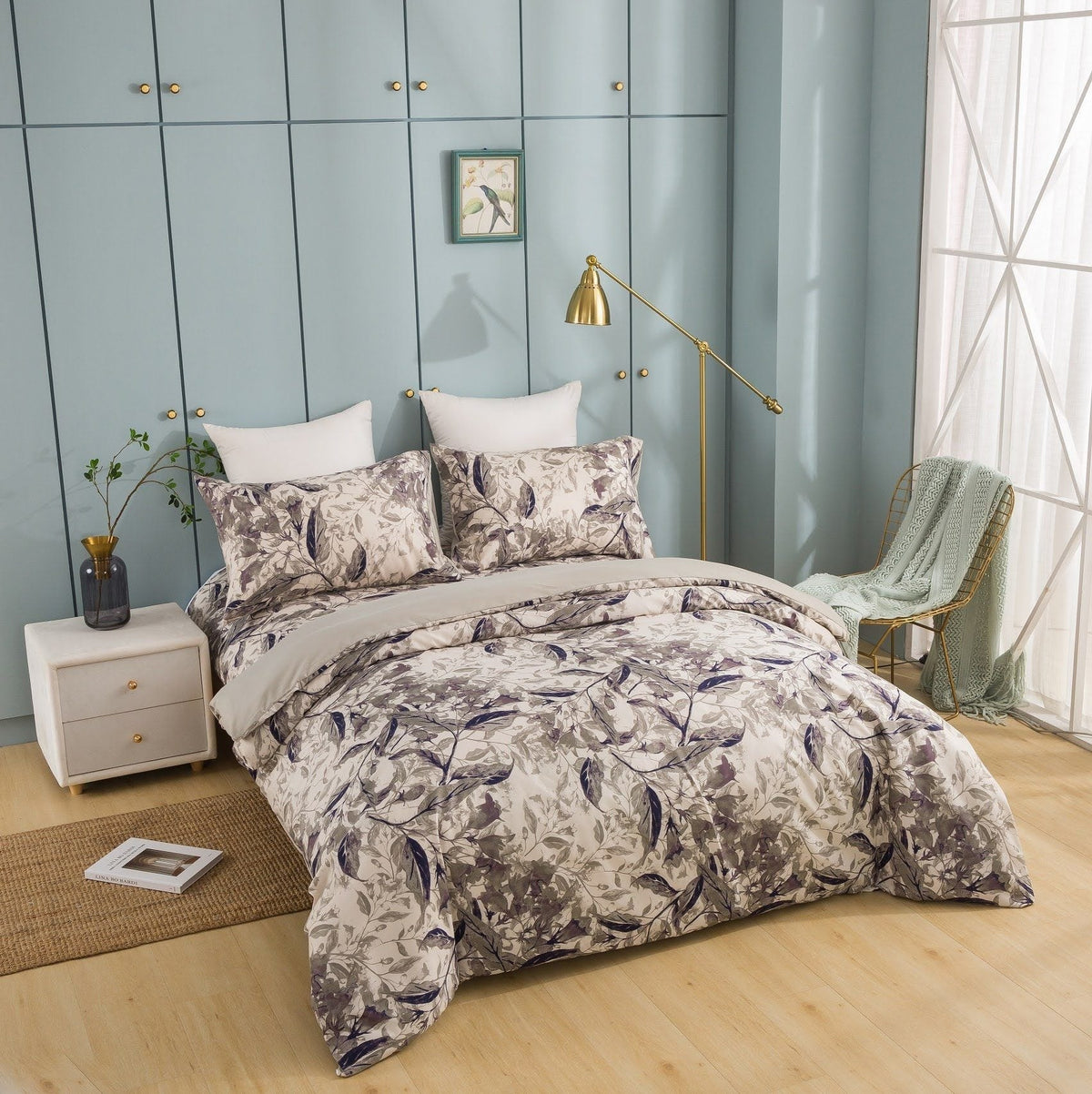 Abstract Wispy Leaf Reversible Microfiber Duvet Cover in Taupe and Grey – view 8