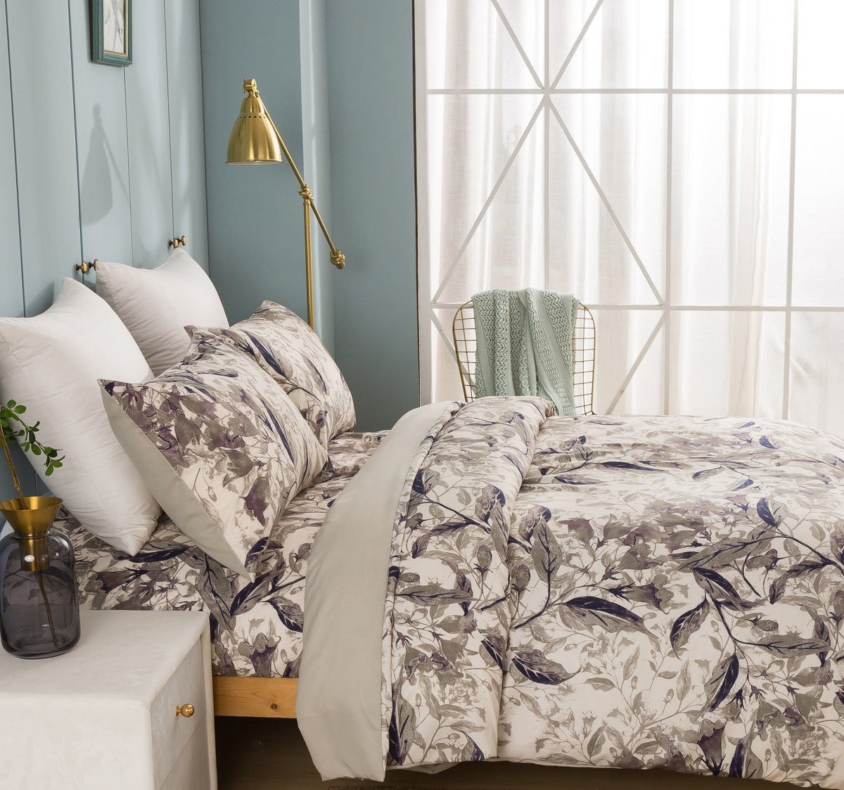 Abstract Wispy Leaf Reversible Microfiber Duvet Cover in Taupe and Grey – view 2