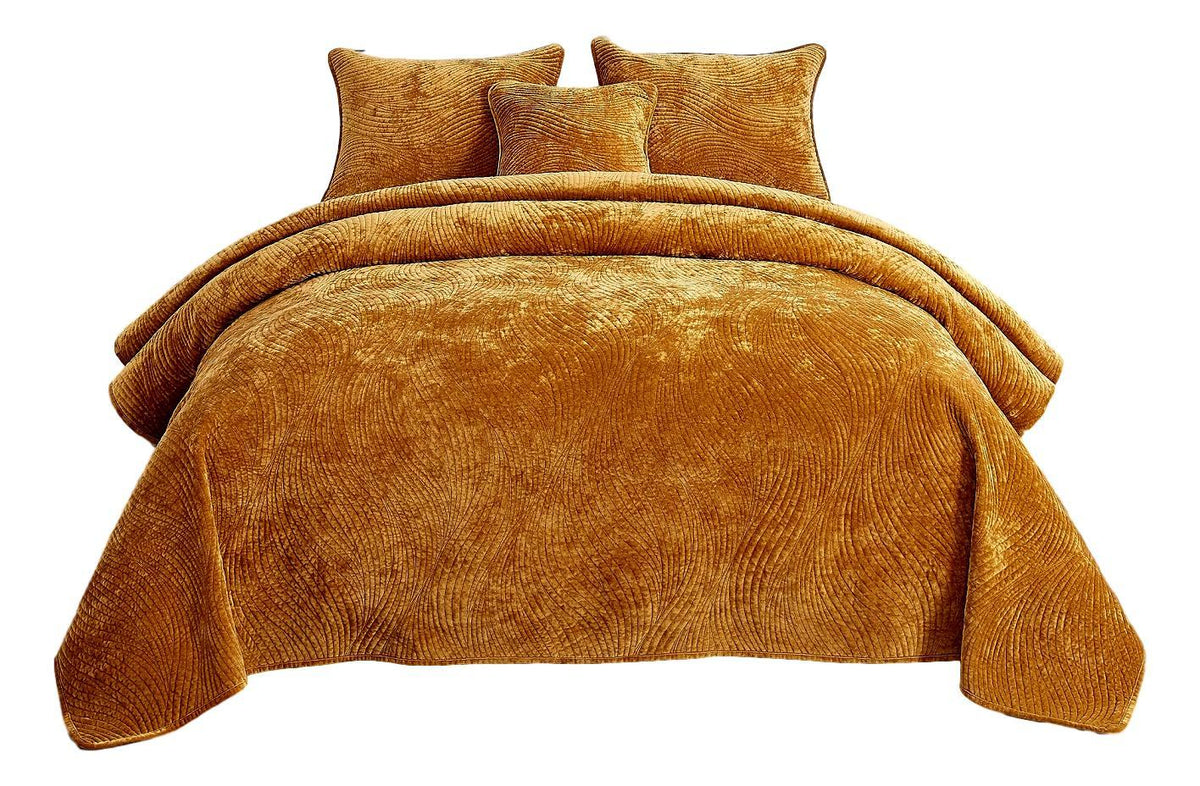 Melted Gold Amber Velvet Quilt Set with Plush Wave Stitching – view 7