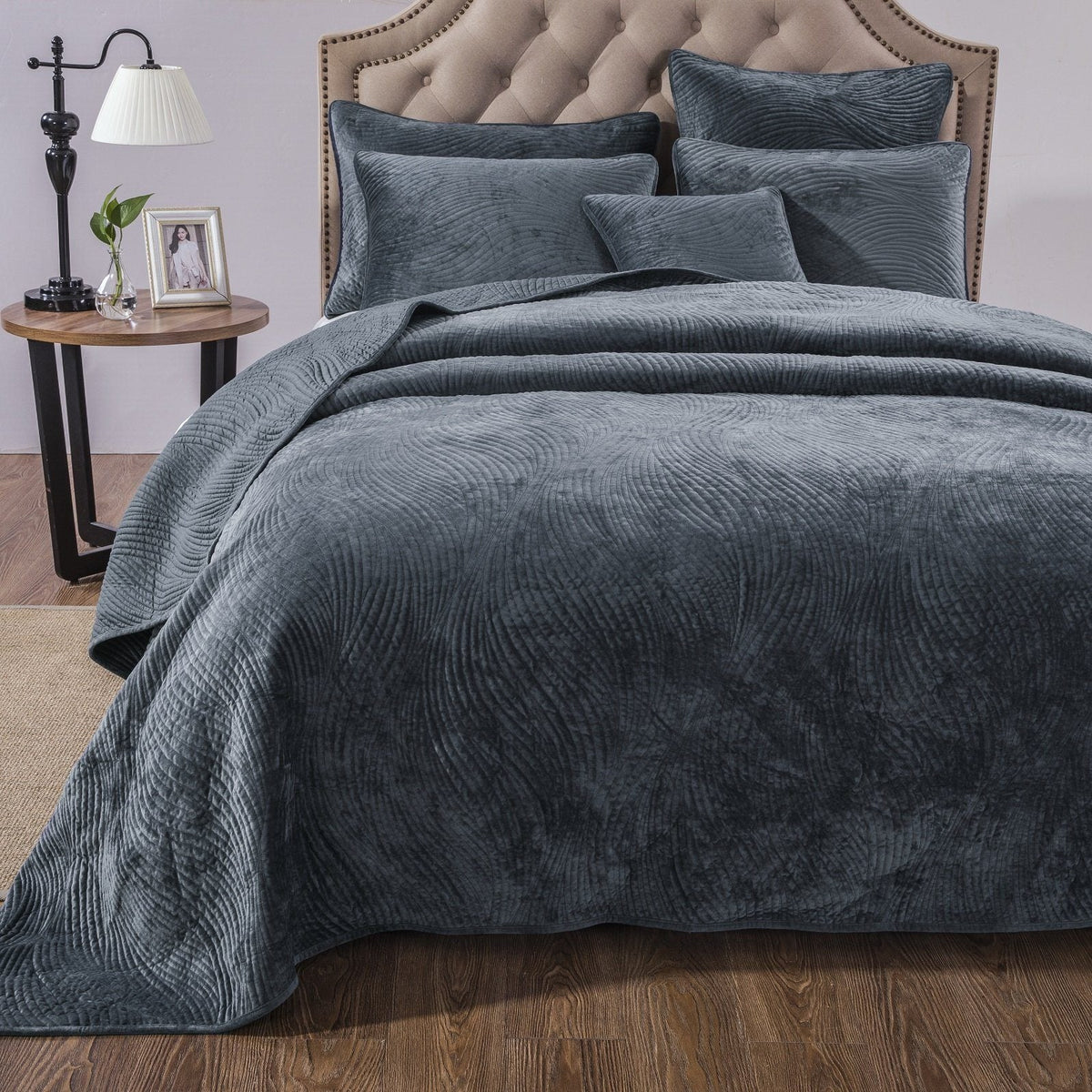 Steel Navy Blue Velvet Quilt Set with Plush Wave Stitching – view 2