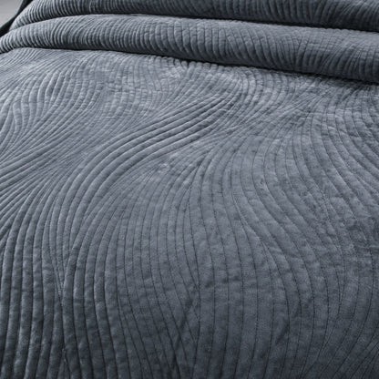 Steel Navy Blue Velvet Quilt Set with Plush Wave Stitching – view 4