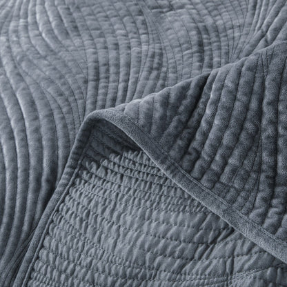 Steel Navy Blue Velvet Quilt Set with Plush Wave Stitching – view 6
