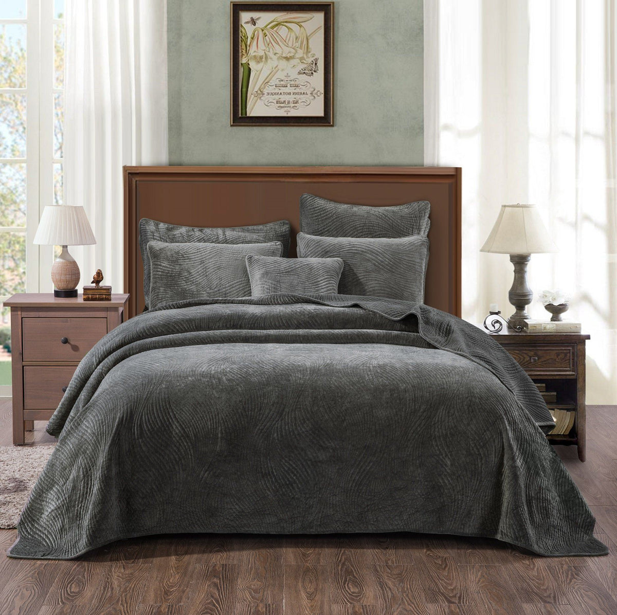 Dark Taupe Poly Velvet Quilt Set with Textured Wave Stitching