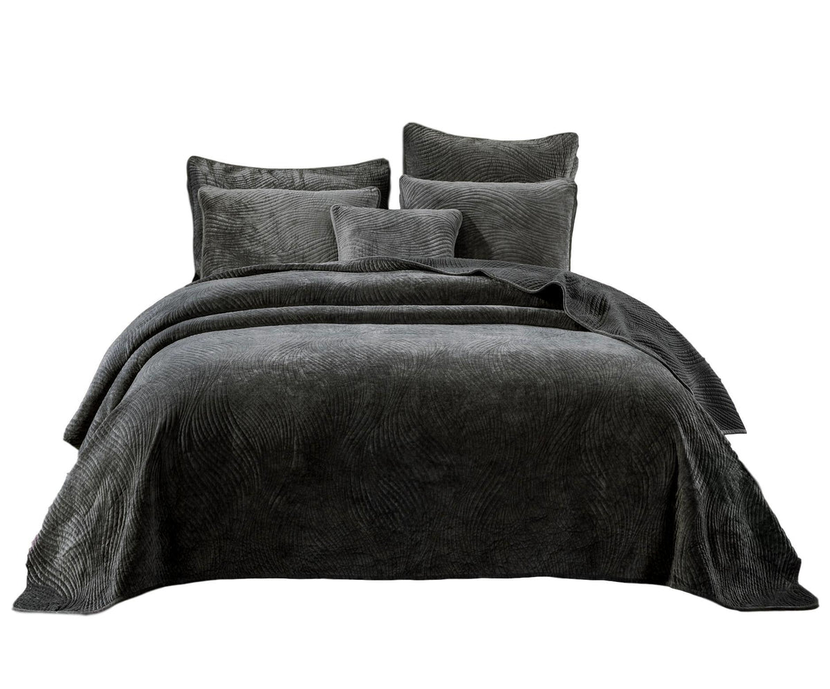 Dark Taupe Velvet Quilt Set with Textured Wave Stitching – view 9