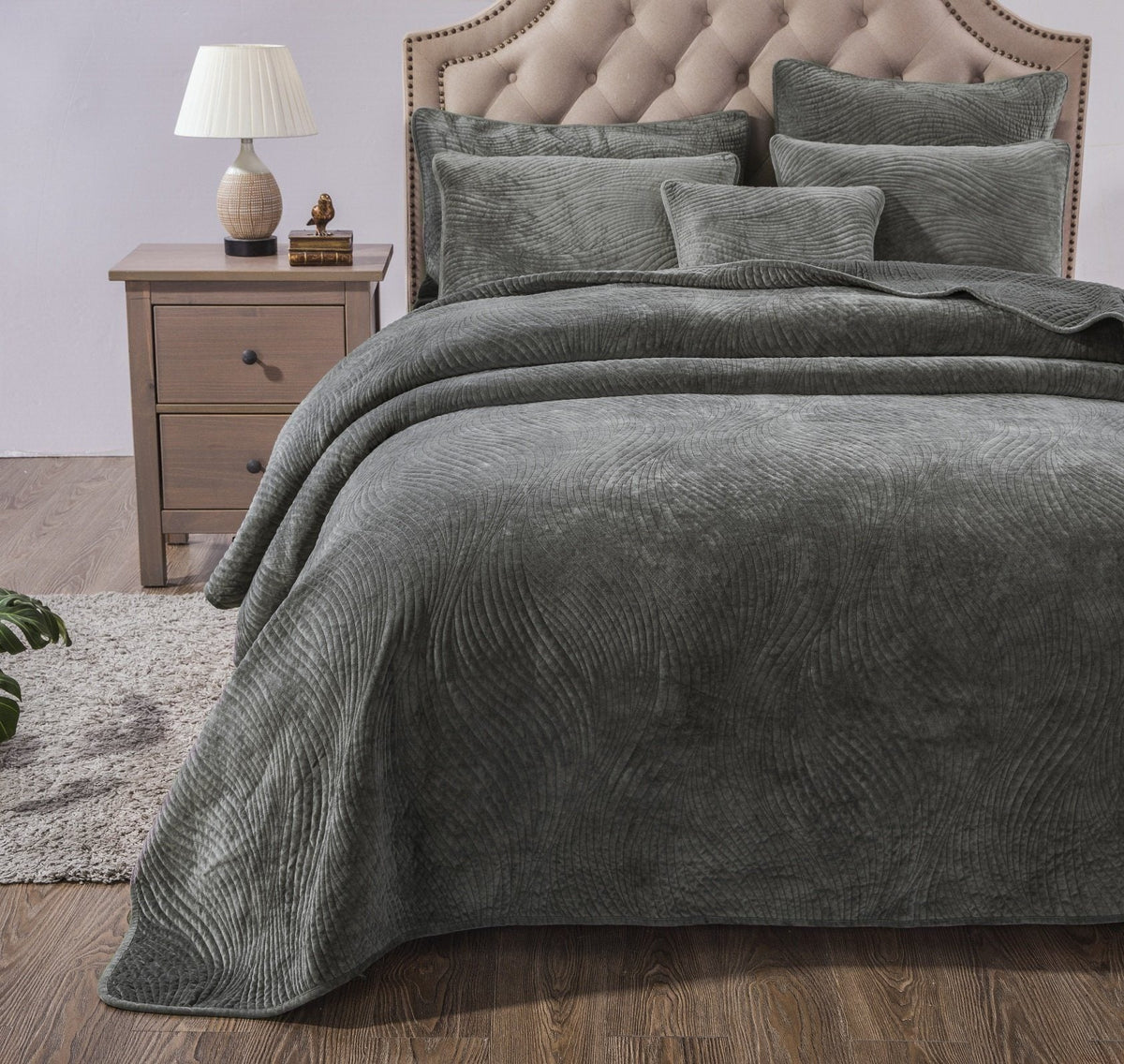 Dark Taupe Velvet Quilt Set with Textured Wave Stitching – view 3