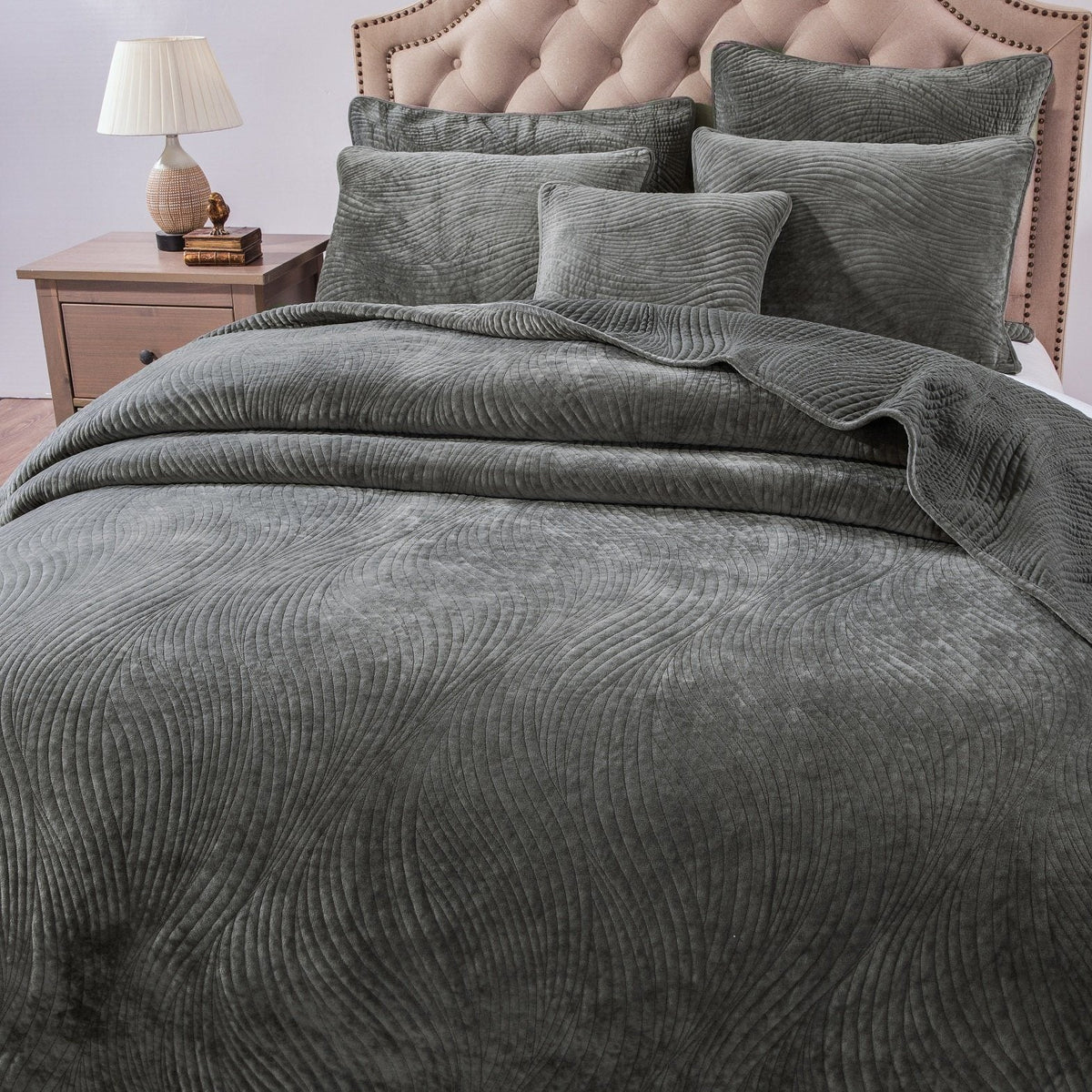 Dark Taupe Velvet Quilt Set with Textured Wave Stitching – view 4