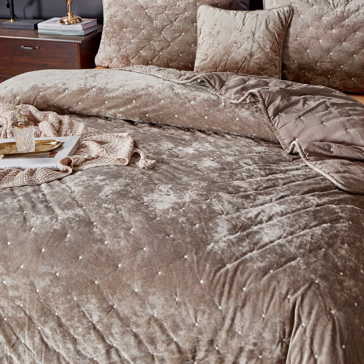 Sand Taupe Beige Tufted Velvet Quilt Set – Plush Dreams – view 5