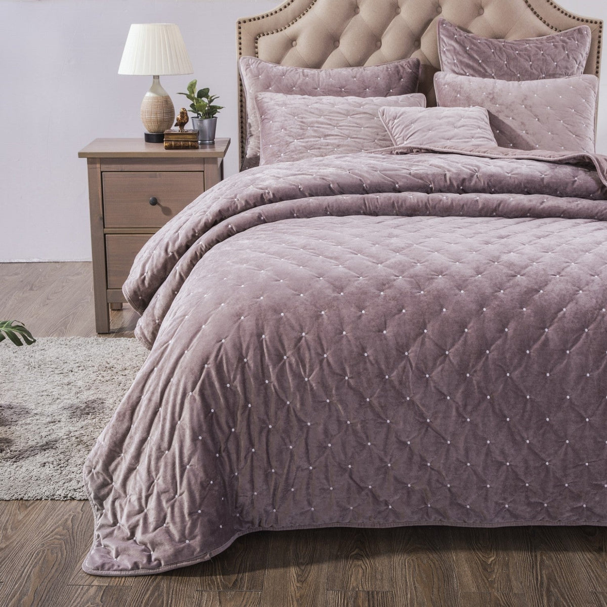 Purple Mauve Diamond Tufted Velvet Quilt Set – Plush Dreams – view 7
