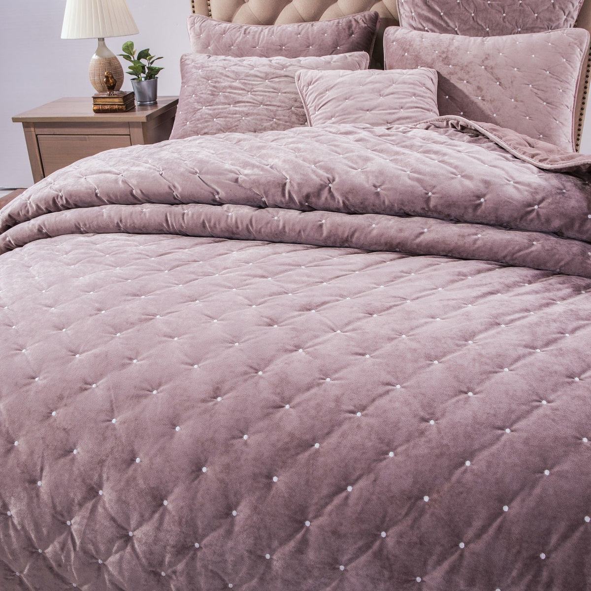 Purple Mauve Diamond Tufted Velvet Quilt Set – Plush Dreams – view 9