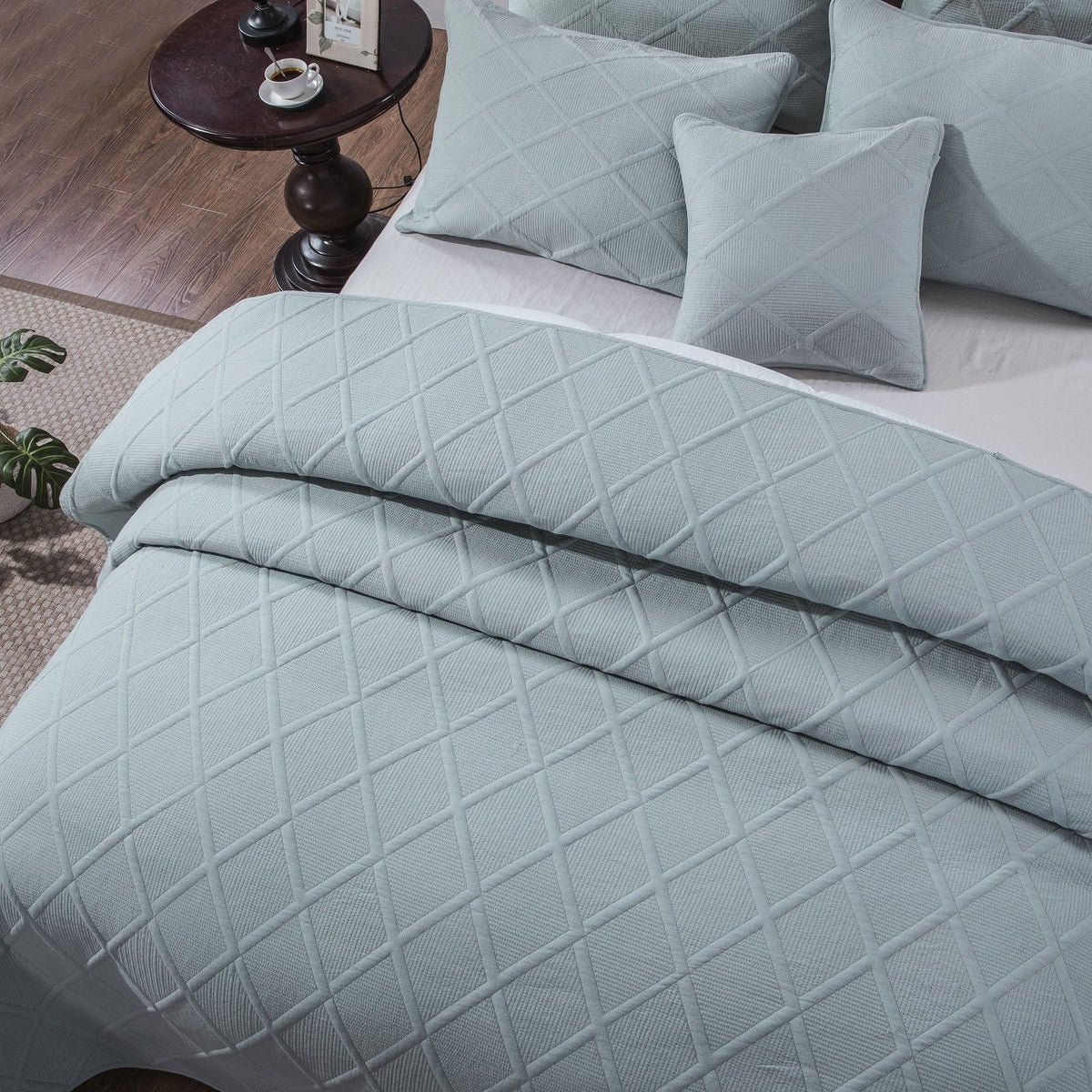 Seafoam Blue Diamond Stitch Cotton Quilt Set – Soothing Pastel – view 3