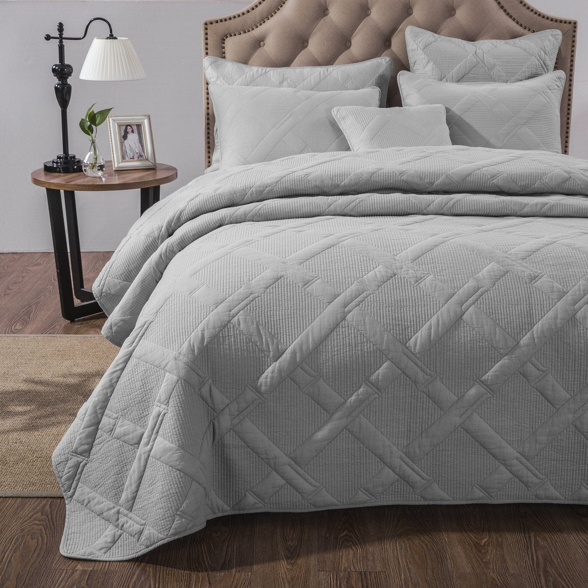 Silver Light Gray Diamond Stitch Cotton Quilt Set – Soothing Pastel – view 2
