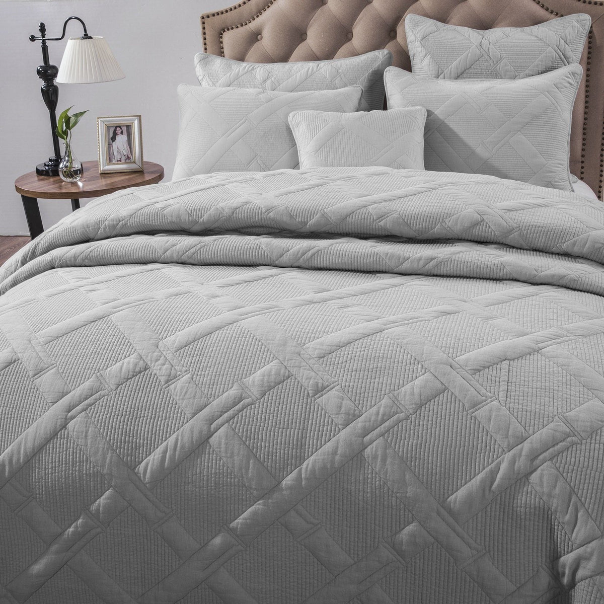 Silver Light Gray Diamond Stitch Cotton Quilt Set – Soothing Pastel – view 3