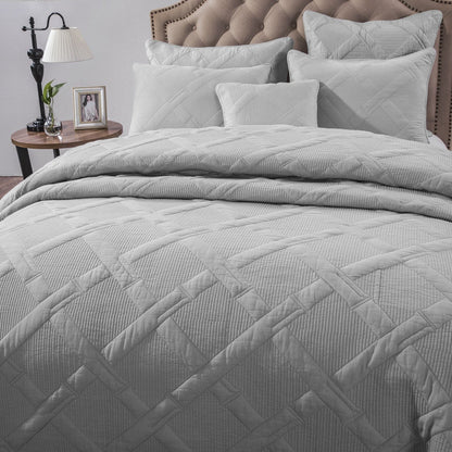 Silver Light Gray Diamond Stitch Cotton Quilt Set – Soothing Pastel – view 3