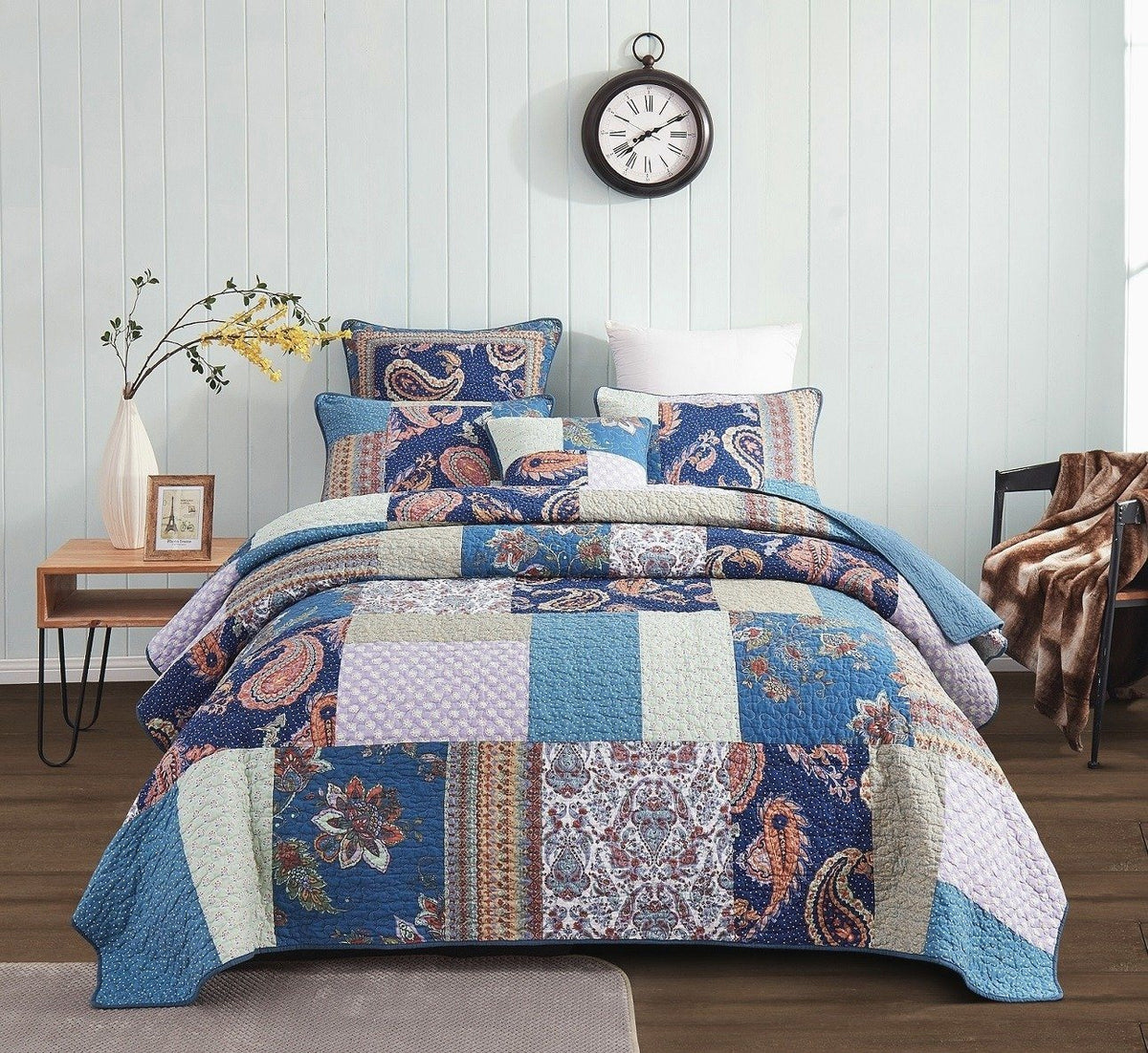Cotton Patchwork Quilt Set, Bohemian Night Flower Paisley Design