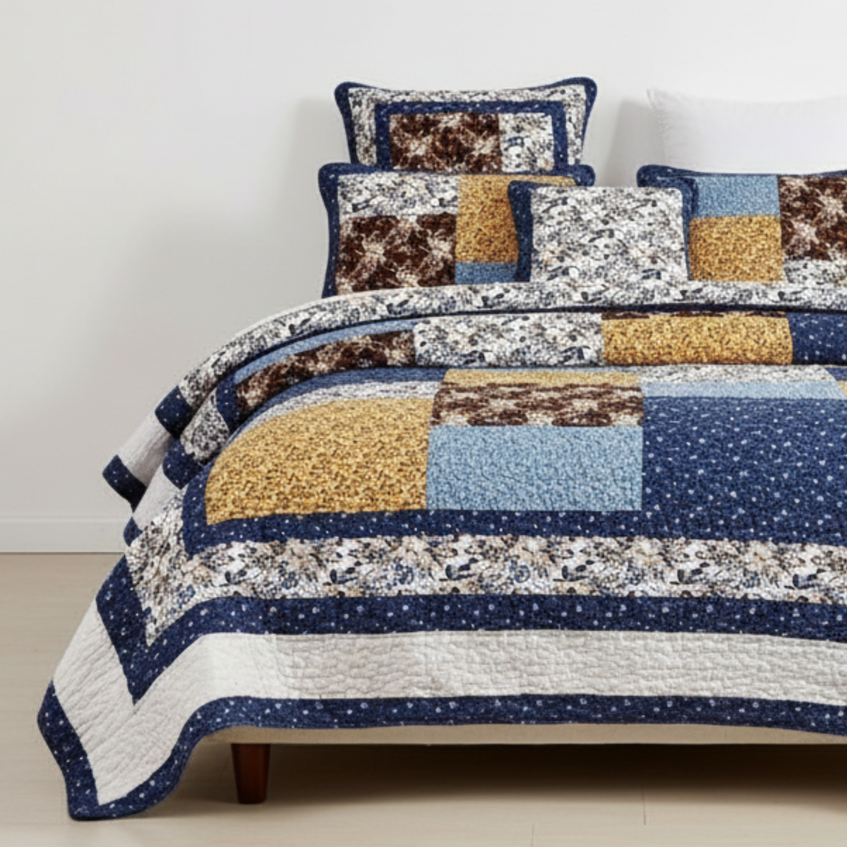 Prairie Sunset Blue and Yellow Floral Cotton Patchwork Quilt Set – view 15