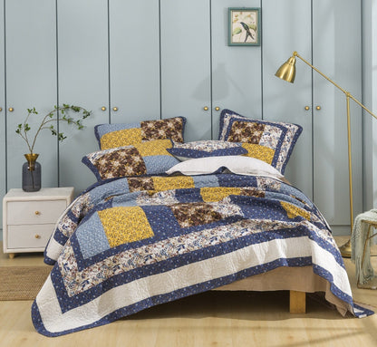 Prairie Sunset Blue and Yellow Floral Cotton Patchwork Quilt Set – view 8
