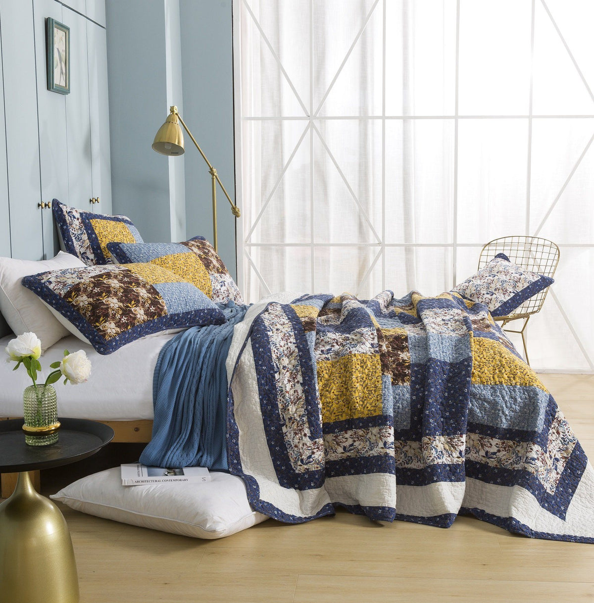 Prairie Sunset Blue and Yellow Floral Cotton Patchwork Quilt Set – view 3