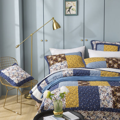 Prairie Sunset Blue and Yellow Floral Cotton Patchwork Quilt Set – view 9