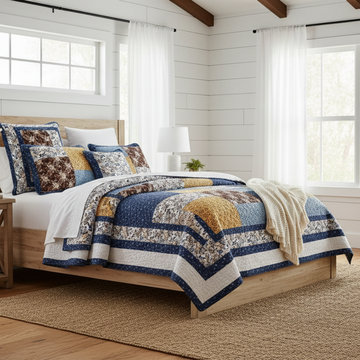 Prairie Sunset Blue and Yellow Floral Cotton Patchwork Quilt Set – view 2