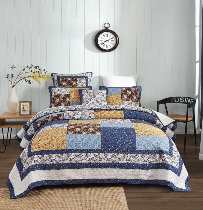 Prairie Sunset Blue and Yellow Floral Cotton Patchwork Quilt Set – view 12
