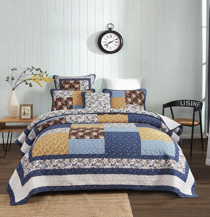 Prairie Sunset Blue and Yellow Floral Cotton Patchwork Quilt Set – view 12