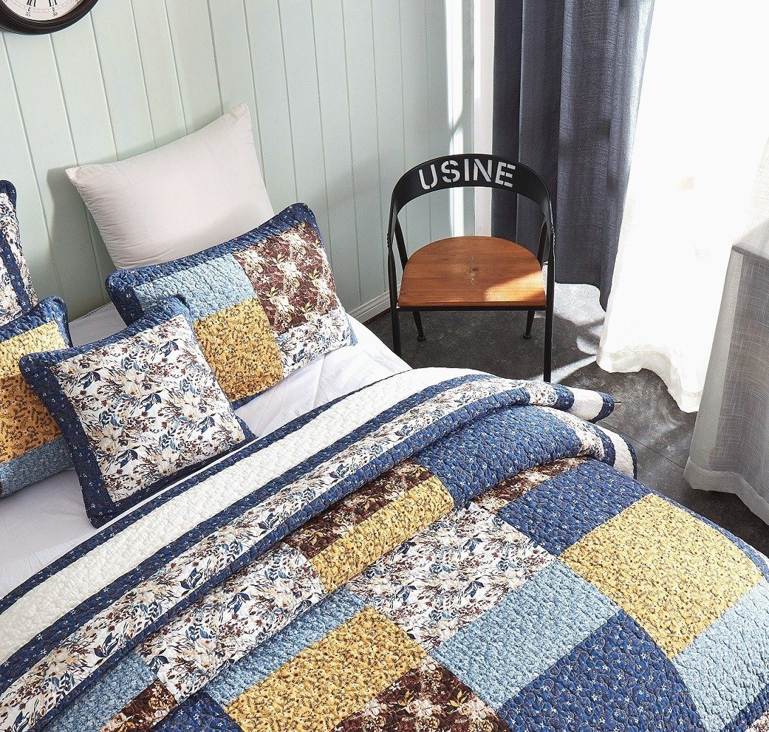 Prairie Sunset Blue and Yellow Floral Cotton Patchwork Quilt Set – view 10