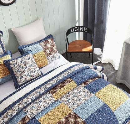 Prairie Sunset Blue and Yellow Floral Cotton Patchwork Quilt Set – view 10