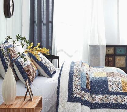 Prairie Sunset Blue and Yellow Floral Cotton Patchwork Quilt Set – view 11