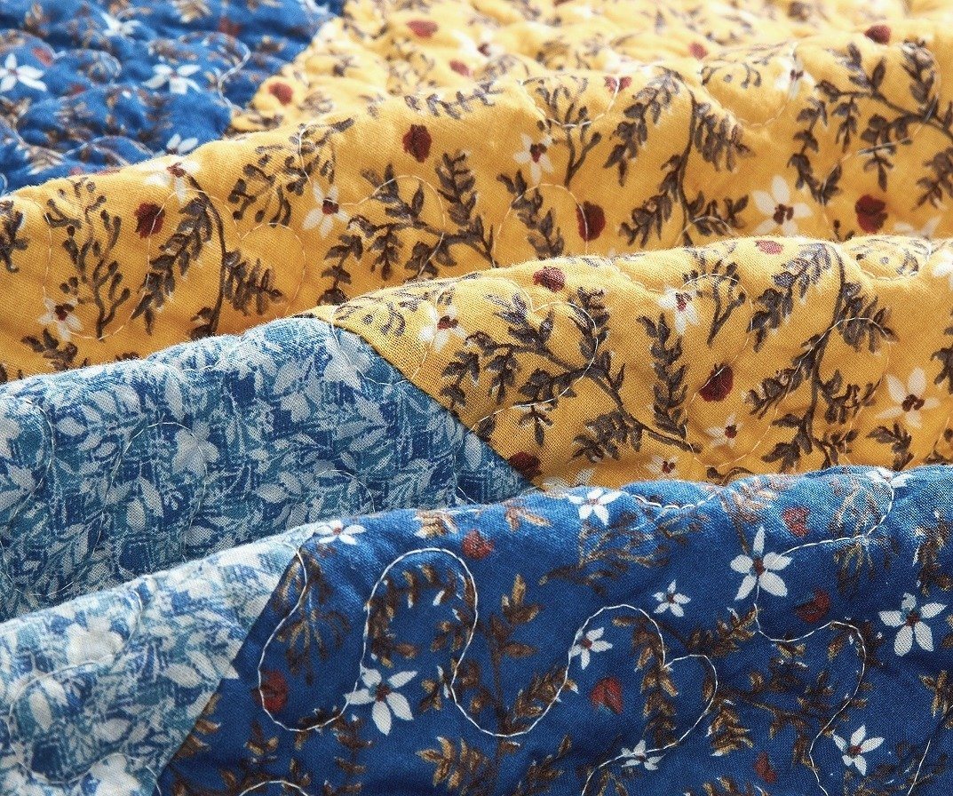 Prairie Sunset Blue and Yellow Floral Cotton Patchwork Quilt Set – view 6
