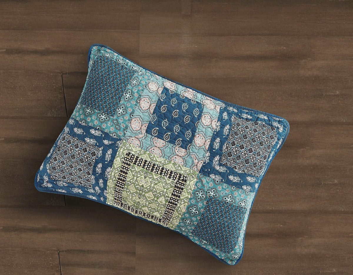 Bohemian Ocean Teal Blue Green Cotton Patchwork Pillow Sham – view 3
