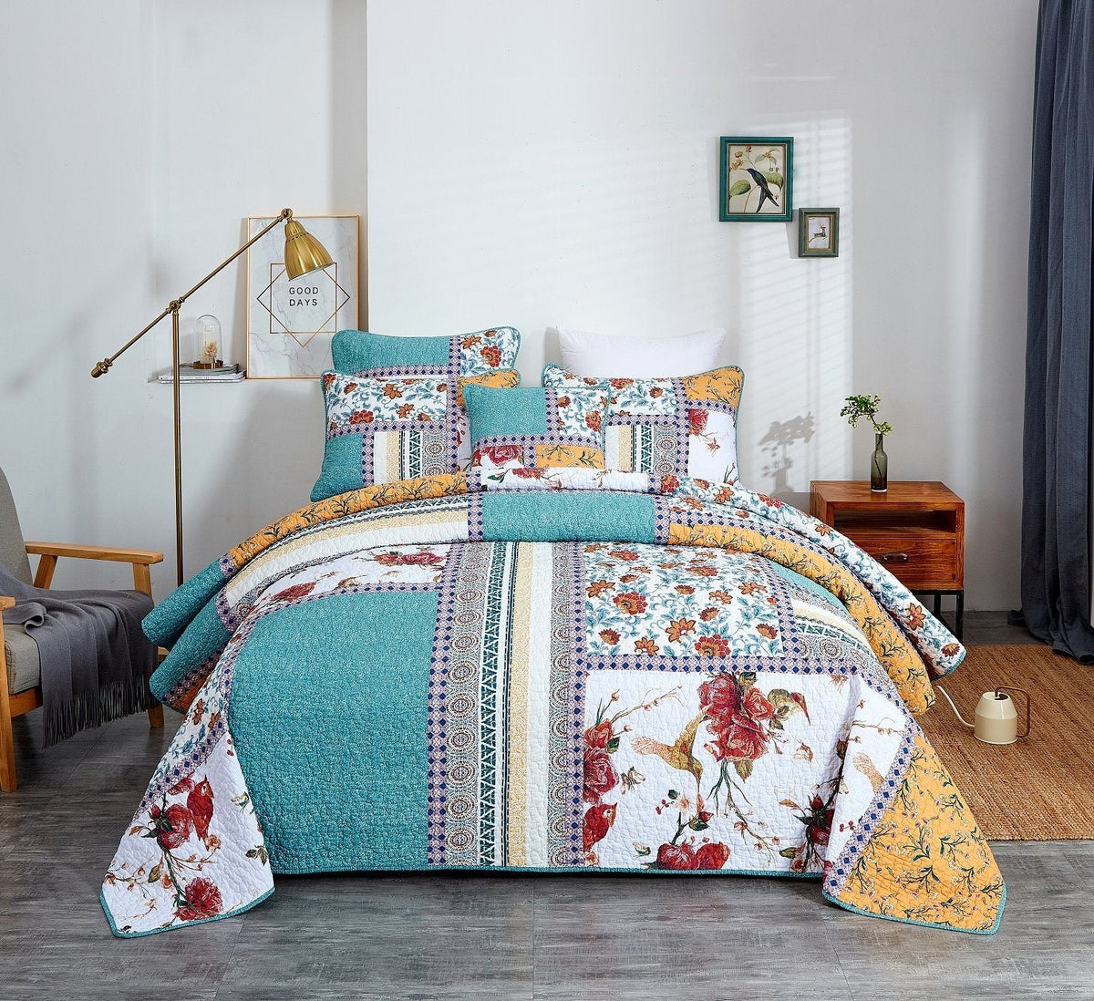 Old World Garden Hummingbirds Pastel Cotton Patchwork Quilt Set – view 8