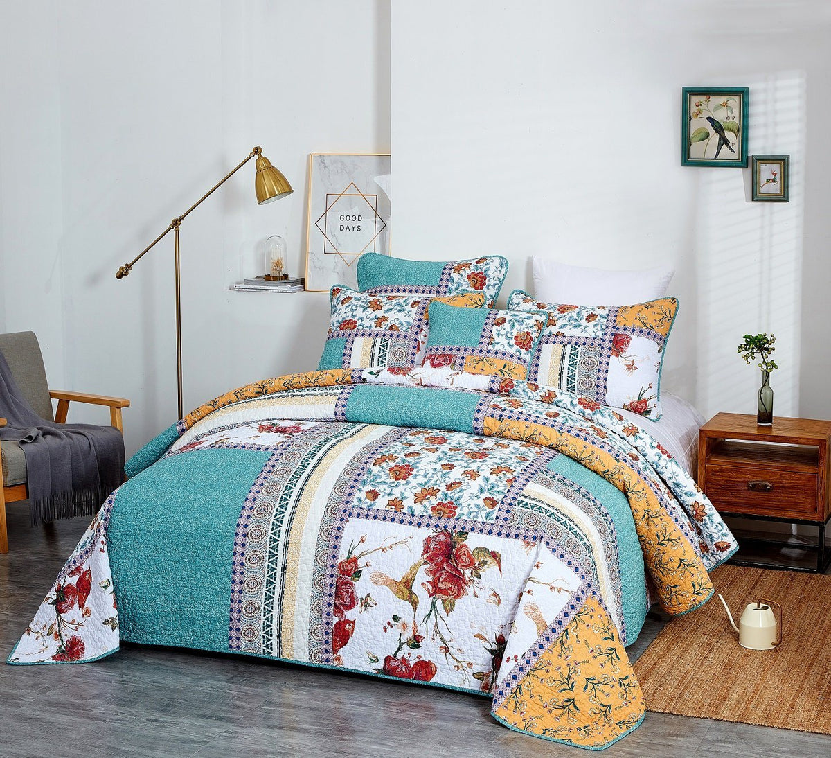 Old World Garden Hummingbirds Pastel Cotton Patchwork Quilt Set – view 9