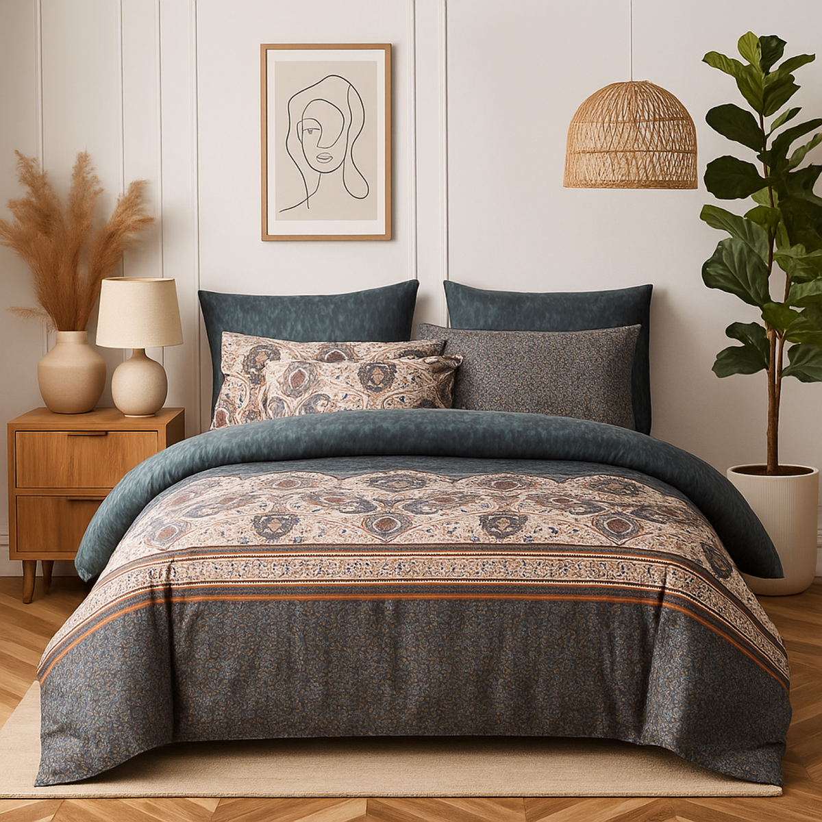 Microfiber Dark Teal Paisley Mandala Duvet Cover with Floral Motif