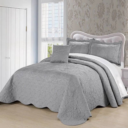 Ash Grey Damask Embroidered Polyester King Bedspread Set
